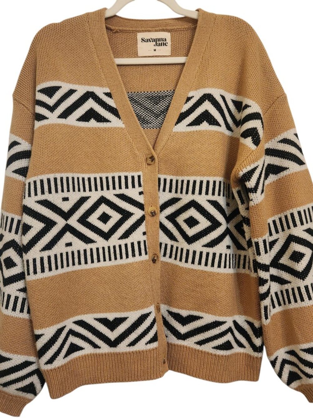 Savanna Jane Beige Black & White Aztec Cardigan Sweater Size M